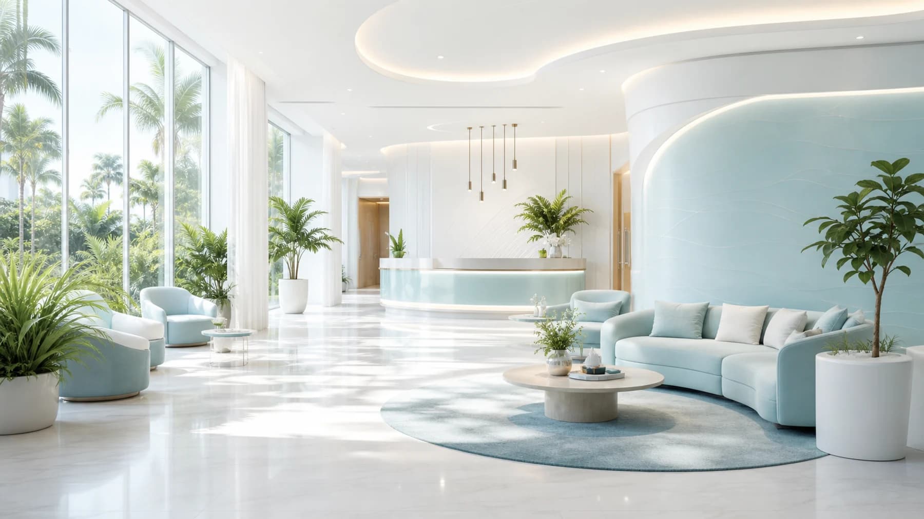 Bright modern clinic reception with tropical greenery and soft blue accents