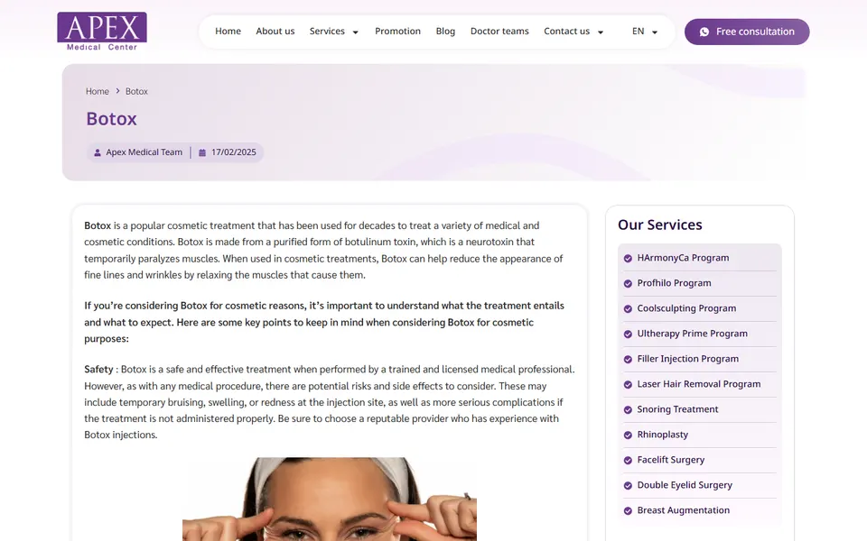 Screenshot of the APEX Botox service page